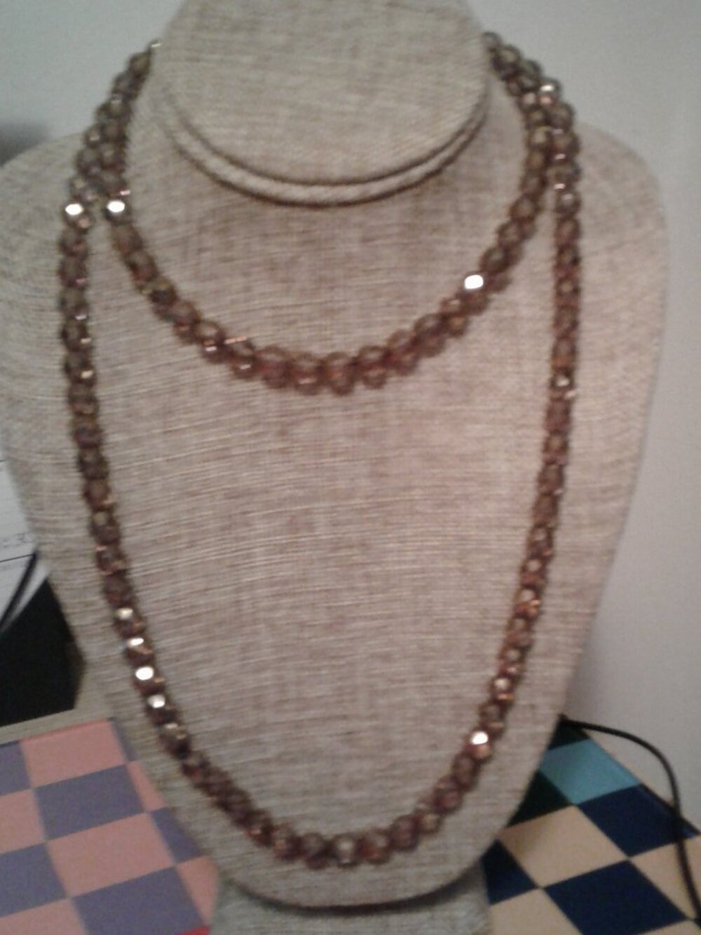 Gold/Brown Faceted Glass Beads Stretchy Continuous Strand Necklace 36"L